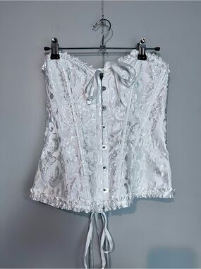 White Brocade Lace-Up Corset Bustier Top M
